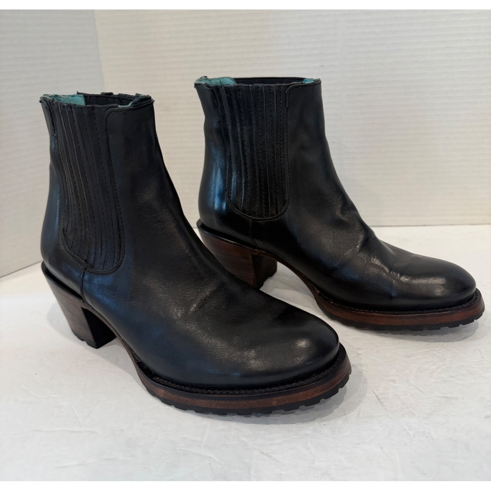 Untitled Vintage Black Leather Stacked Heel Pleated Chelsea Ankle Boots Sz 8 - Picture 2 of 10